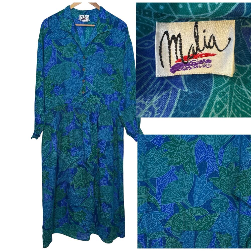 Malia Honolulu Size 12 Tropical Hawaiian Floral Print Button Front Maxi Dress